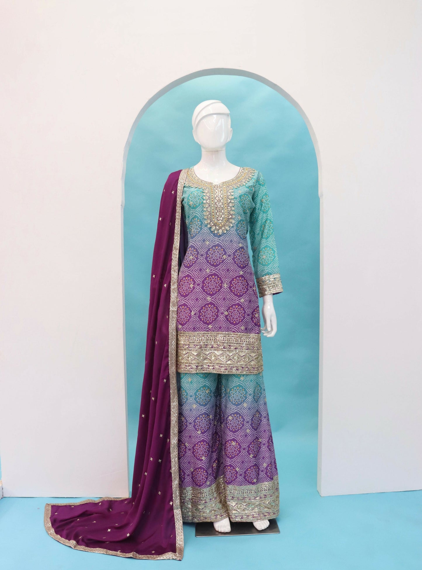 Anaita Purple Digital print with Embroidered Silk Stitched Plazo Suit