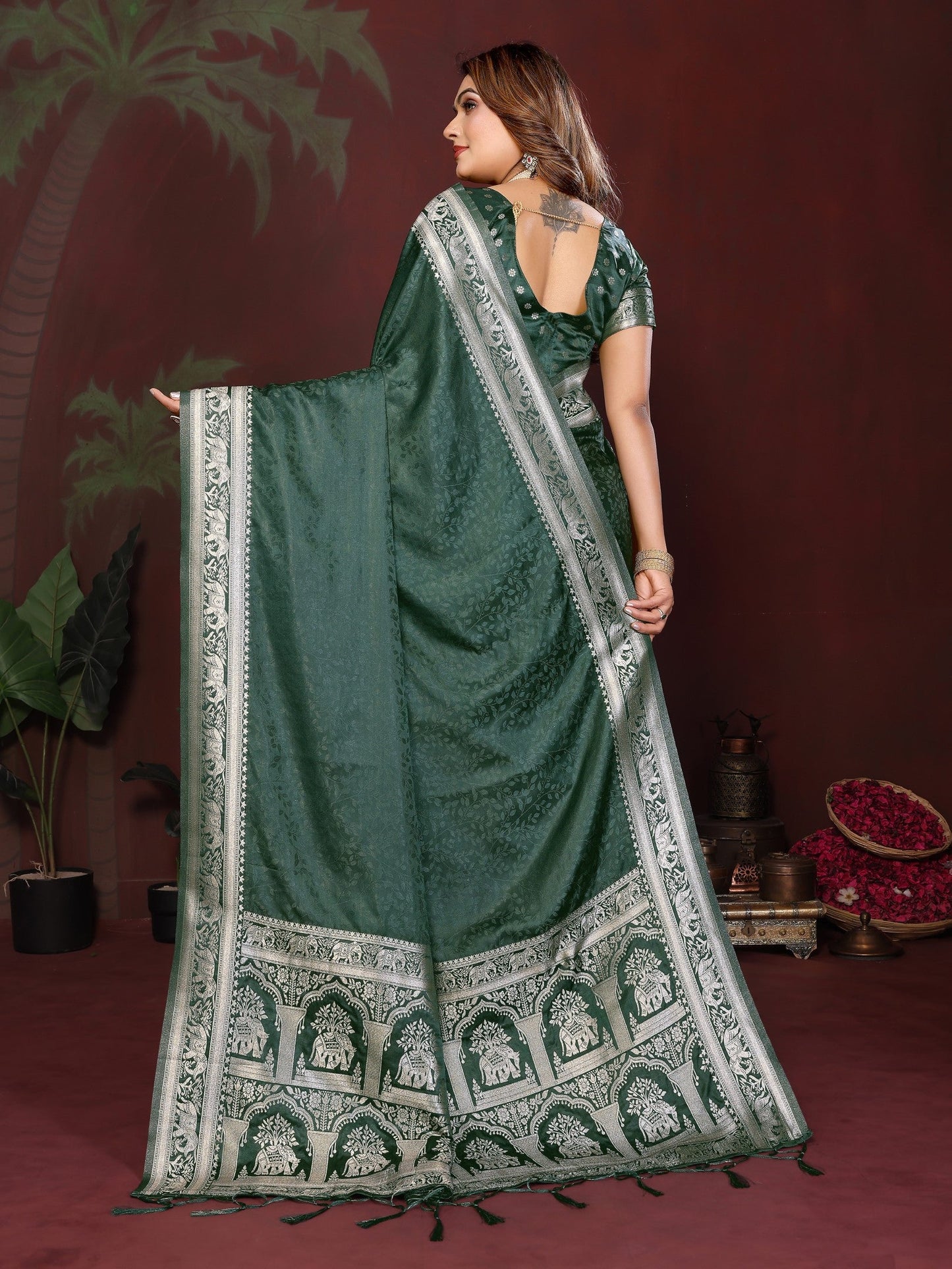 Anaita D Green Zari Weaving Work Satin Silk Saree With Blouse