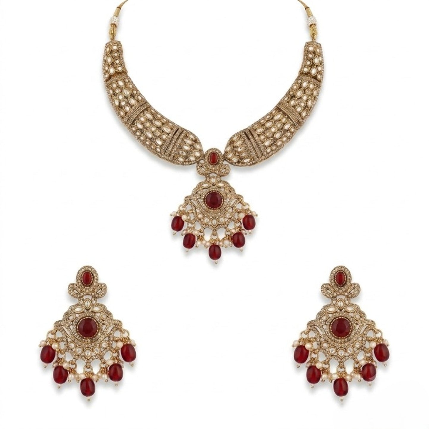 Jewel City Gold Plated Kundan Choker Set with Ruby Red Stones for Indian Wedding Bridal Wear