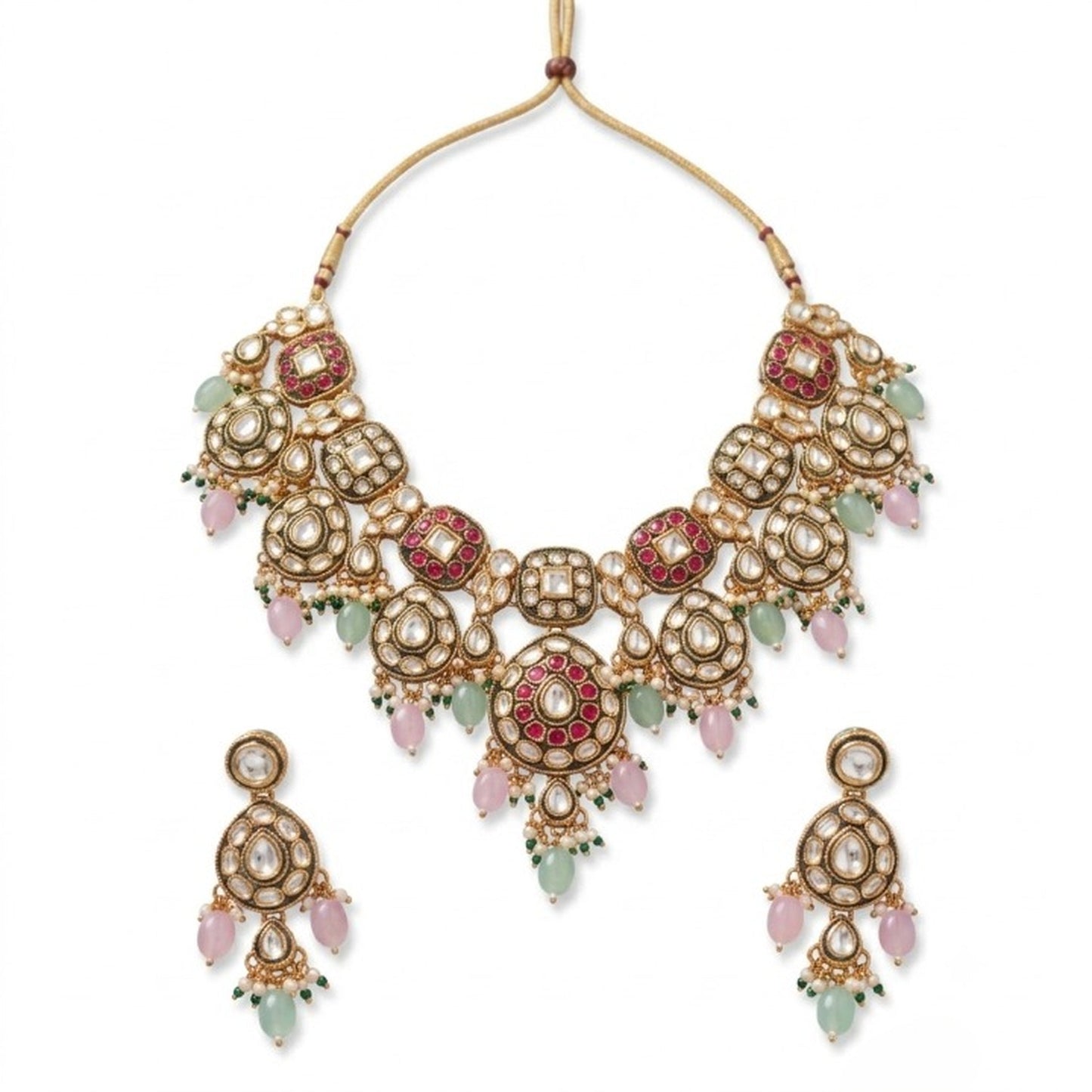 Jewel City Gold Plated Kundan Necklace Set With Pastel Pink And Mint Green Beads For Indian Bridal Weddings