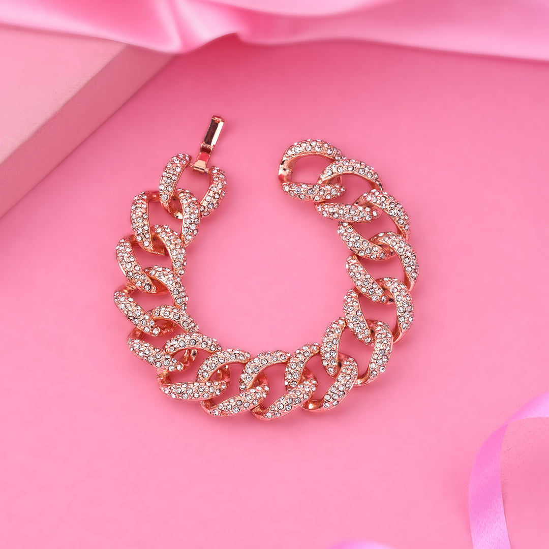 Estele Rose Gold-Polished Exquisite Cuban Bracelet with Stunning White Crystals for Women