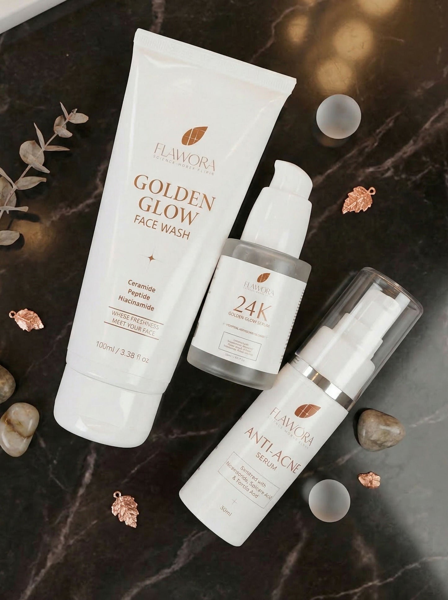 Flawora Set of Golden Glow Face Wash, Anti Acne Serum and 24k Golden Glow Face Serum
