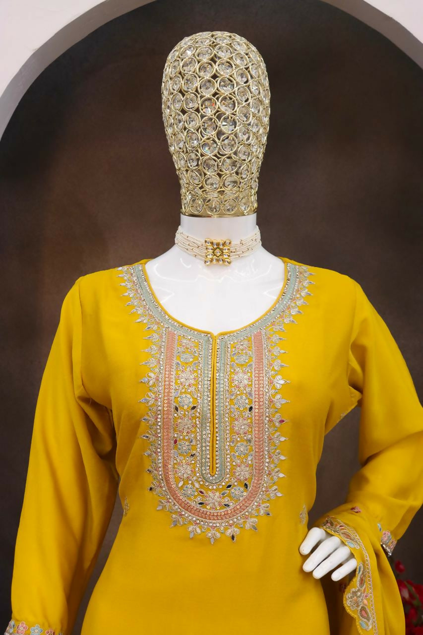 Anaita Yellow Heavy Chinon Stitched Suit with Embroidery & Sequence Work