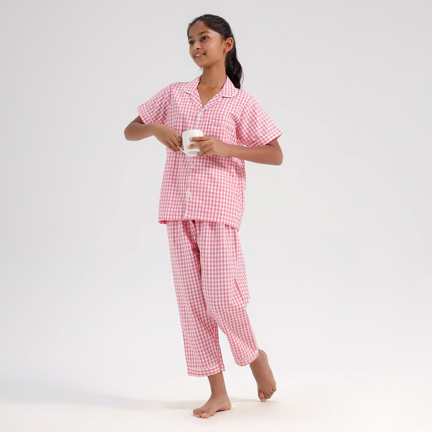 Chilins Kids Cotton Blend Night Suit| Sleepwear | Checked Design | Pink