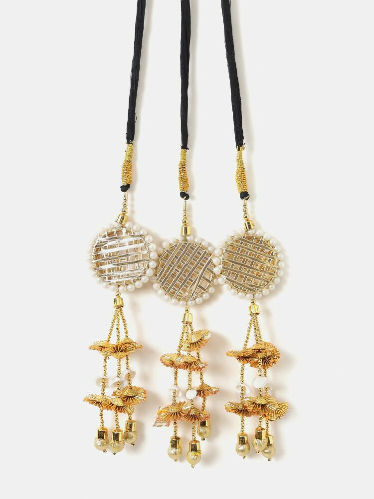 Ruby Raang Gold Gota Pati Work And Threads With Pearls And Black Thread And Mirrors
