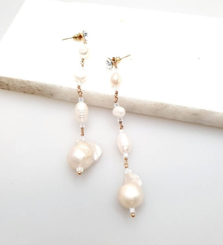 Bling Accessories Swarovski Crystal Stud long Earrings with Baroque Pearls