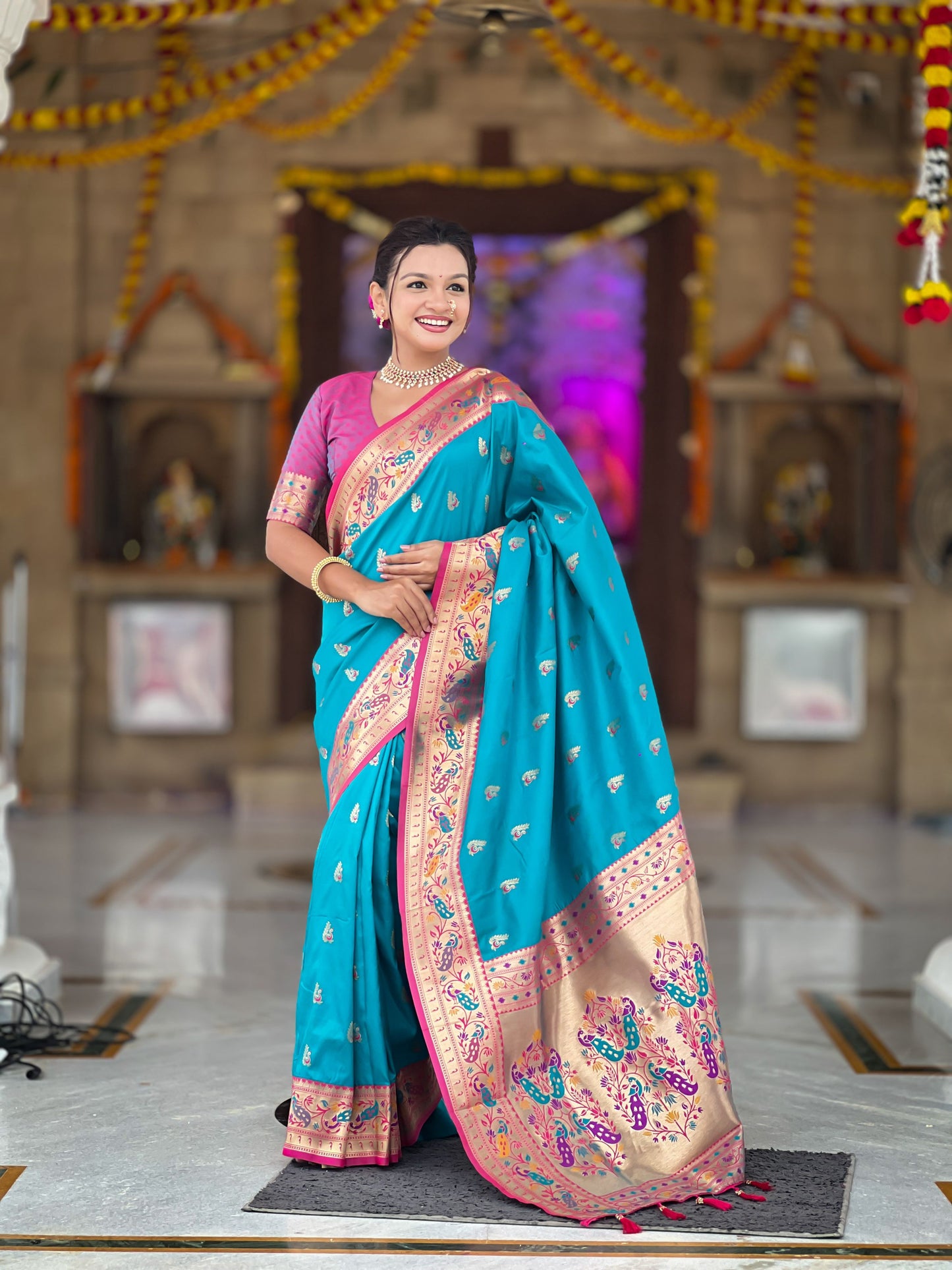 Mameraa Sarees Sky Blue Faux Banarasi Silk Saree With Paithani Rich Weaved Pallu And Blouse-Sky_Blue