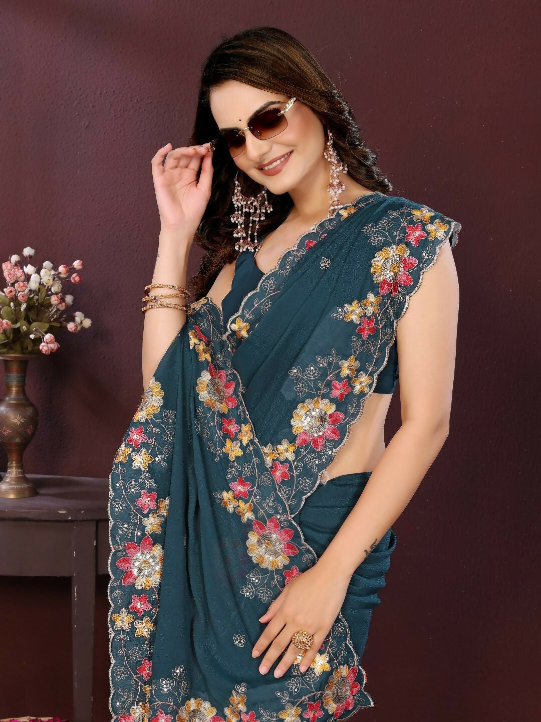 Ai Fashion Teal Soft Star Georgette Embroidery Party Wear Saree