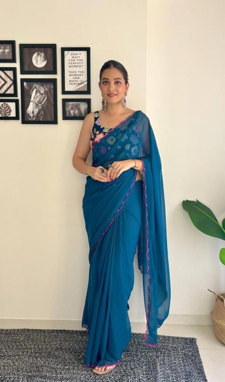 Vamika Embroidery Rama Green Georgette Bollywood Saree