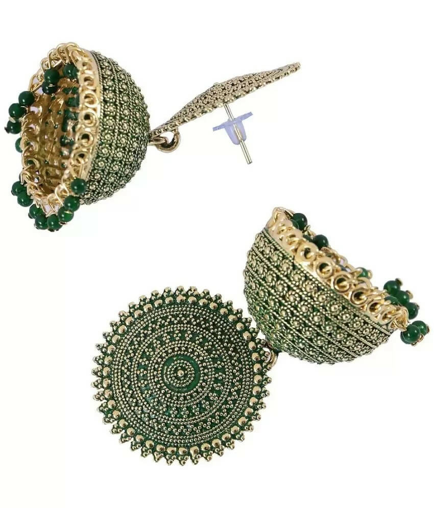 Mominos Fashion Joharkamal Gold-Polished Meenakari Jhumkas For Women & Girls (Green)