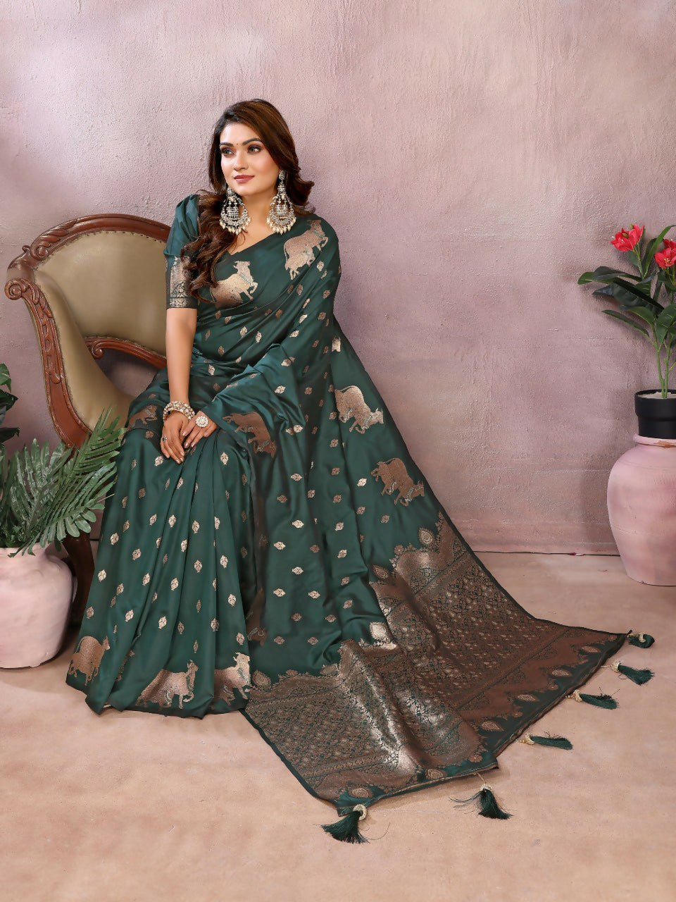 Anaita Dark Green Premium Banarasi Tissue Silk Saree With Gala Weaving Work