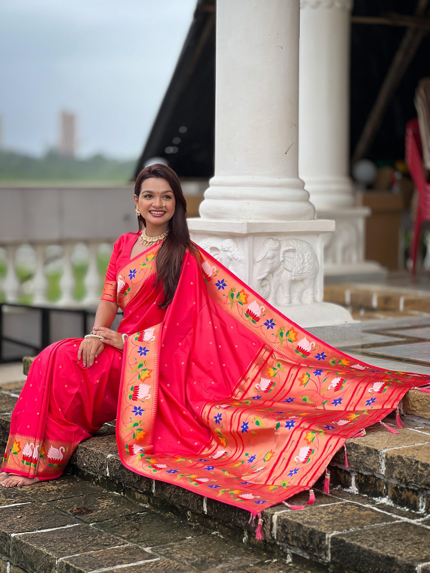 Mameraa Sarees Pink Faux Banarasi Silk Saree With Paithani Rich Weaved Pallu And Blouse-Pink