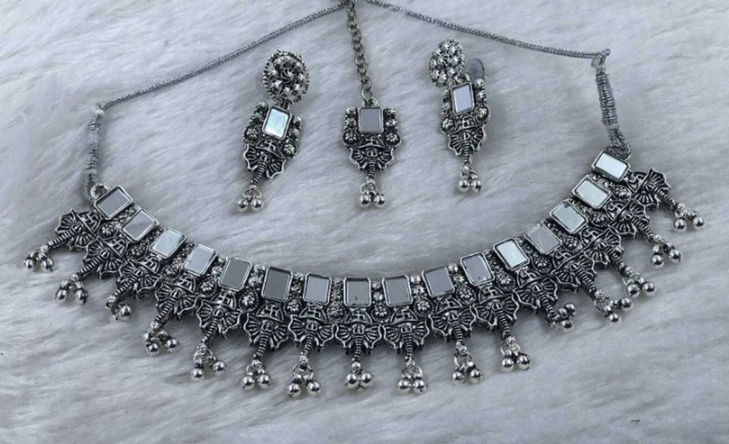 Jewel City Oxidized Silver Mirror Choker Set, Ethnic Jewelry