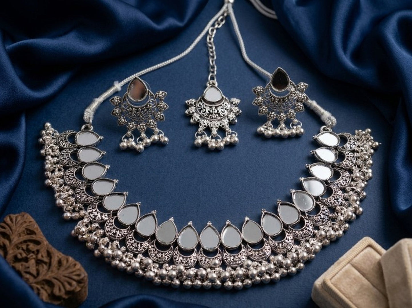 Jewel City Oxidized Silver Mirror Choker Set, Ethnic Indian Jewelry