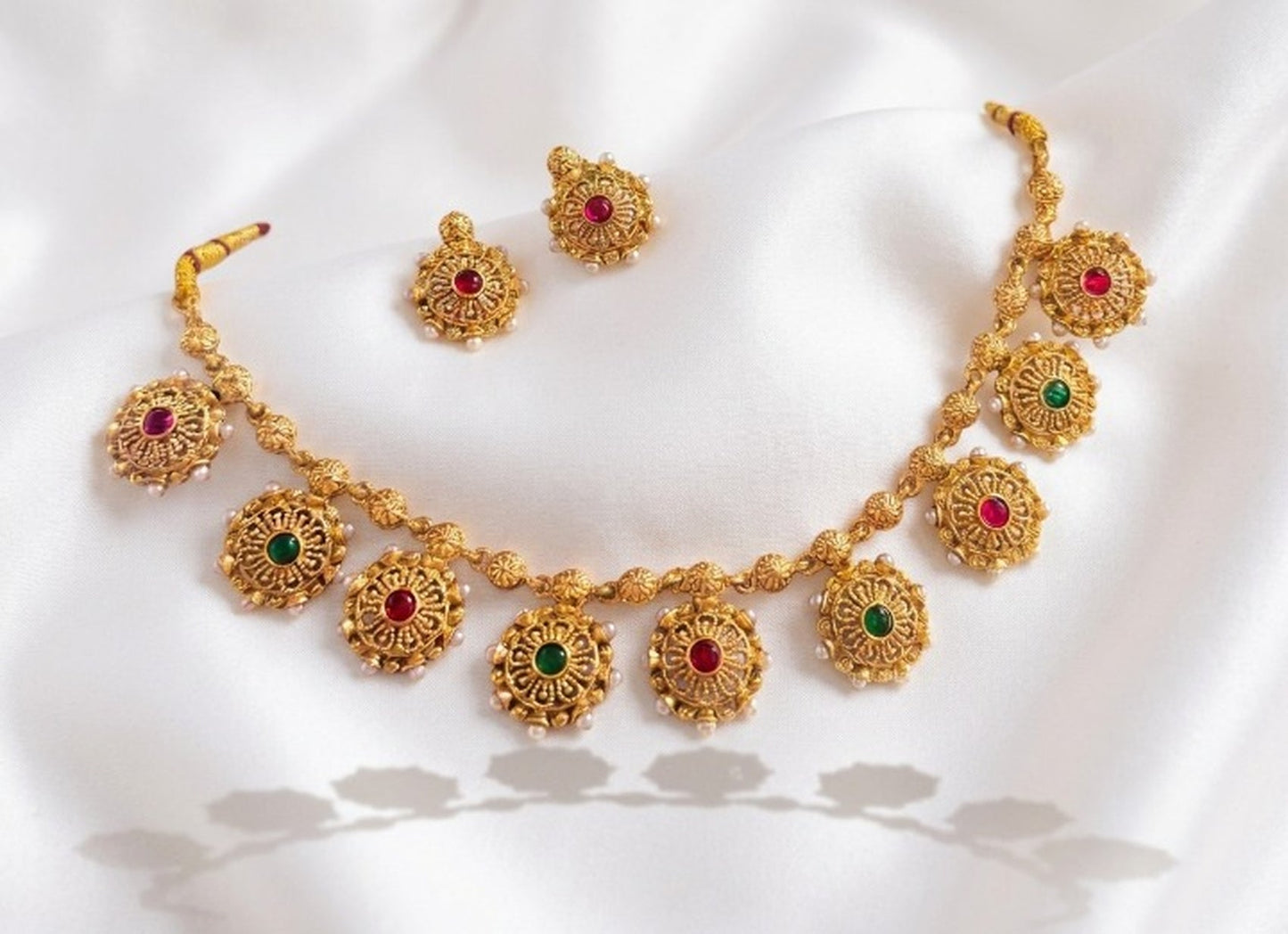 Jewel City Gold Plated Temple Jewelry Set|Red & Green Stone Choker Set