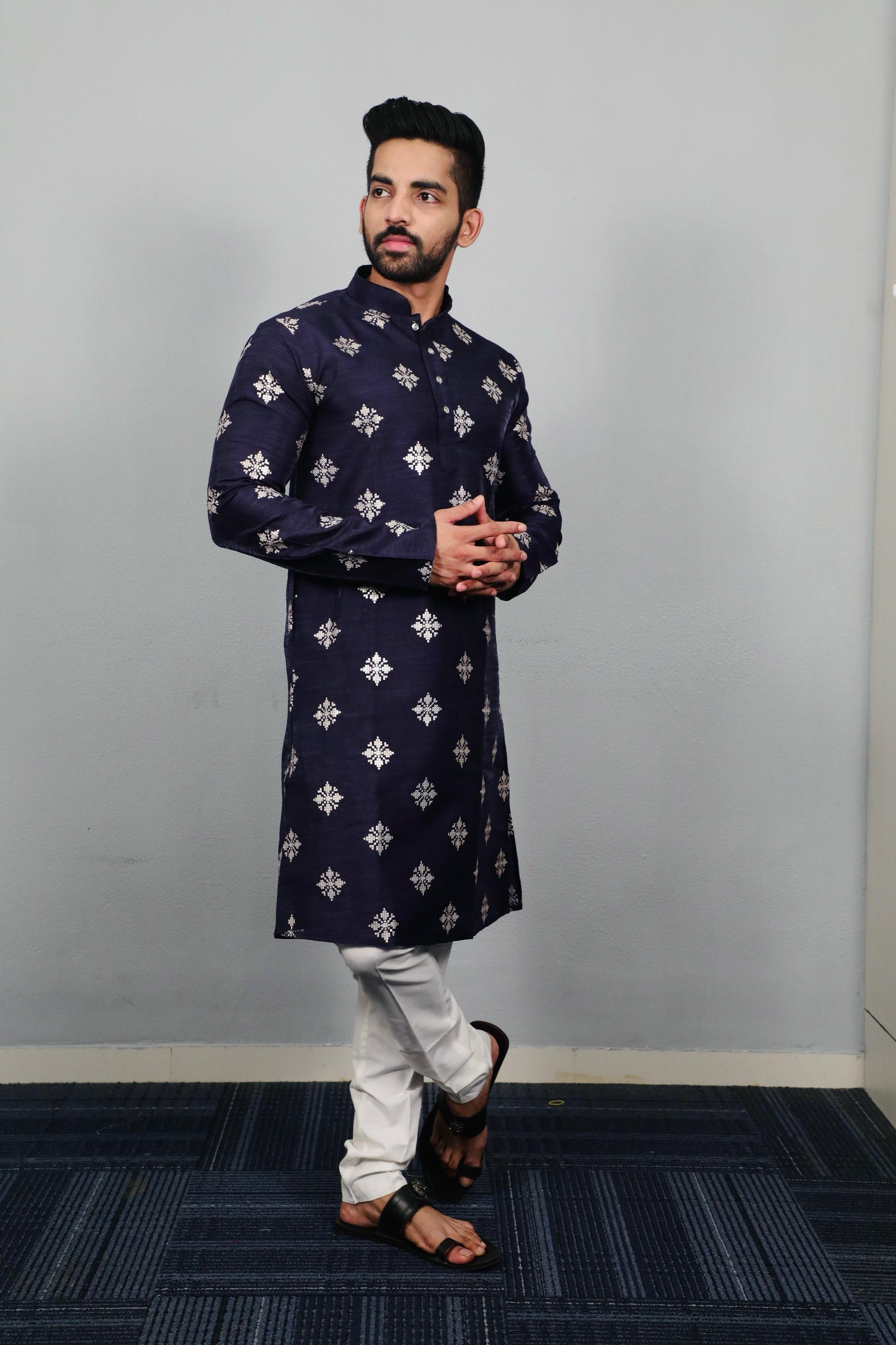 Neera Trendz Navy Blue Soft Parbon Silk Embroidered Men's Kurta Pyjama
