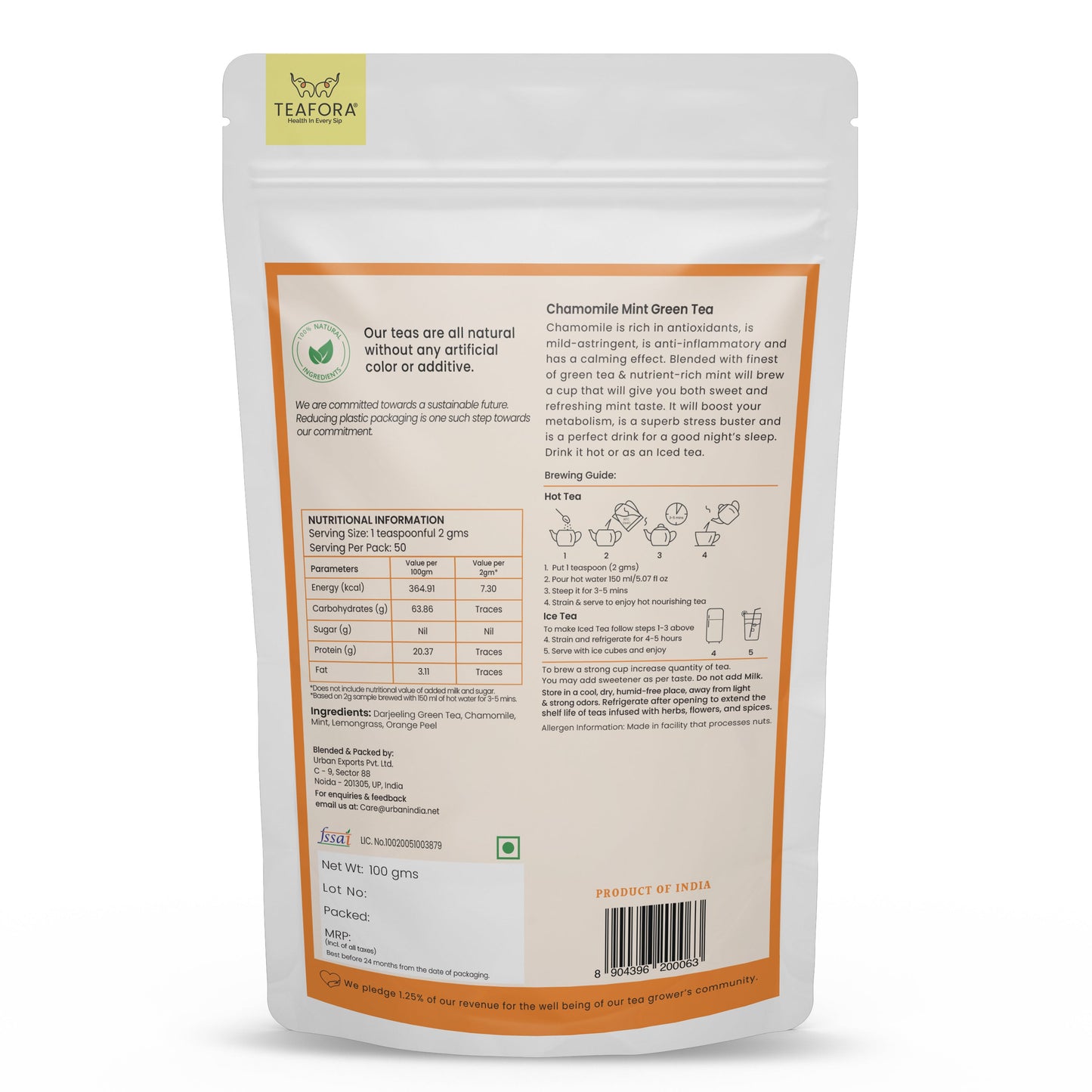 TEAFORA Chamomile Mint Green Tea | Darjeeling Loose Leaf Tea | Natural Sleep Tea with Calming & Relaxing Properties | 50 Cups Hot or Iced Tea
