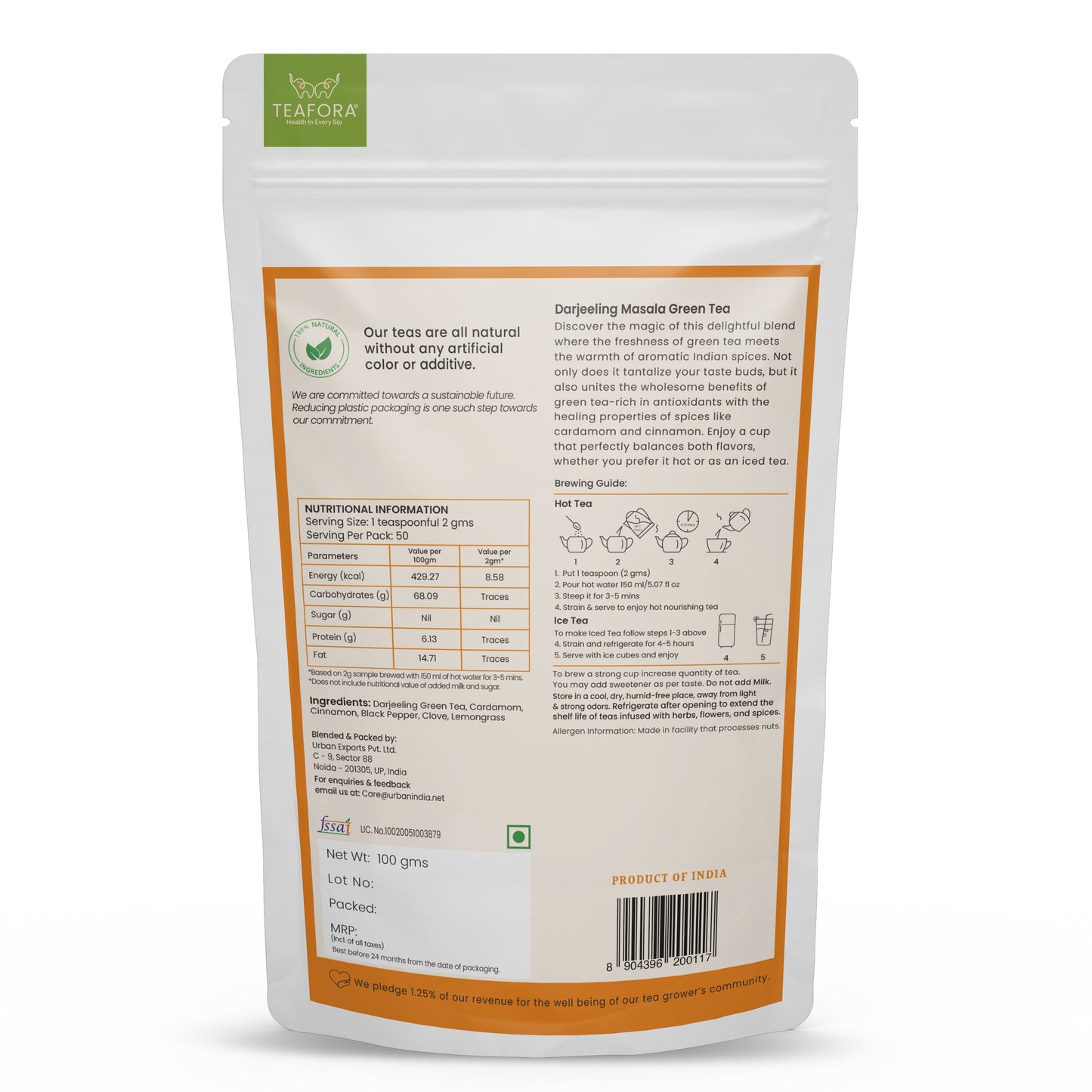 TEAFORA Darjeeling Masala Green Tea | Loose Leaves | Blended with Cardamom, Cinnamon, Black Pepper & Clove | 100% NATURAL | 50 Cups Hot or Iced Tea