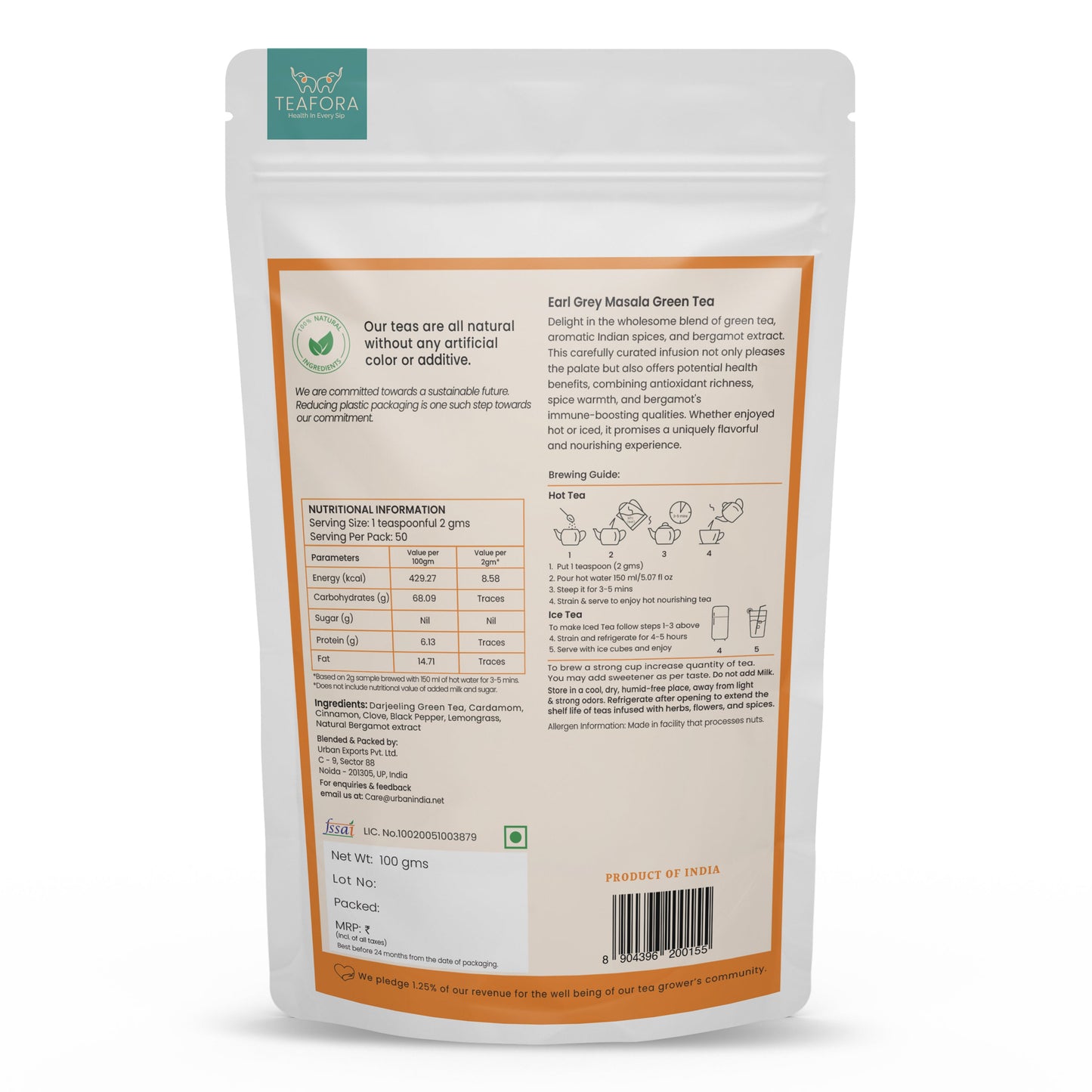 TEAFORA Earl Grey Masala Green Tea | Spiced Citrus | Darjeeling Loose Tea | Blended with Indian Aromatic Spices enriched with Bergamot extract | 50 Cups Hot or Iced Tea