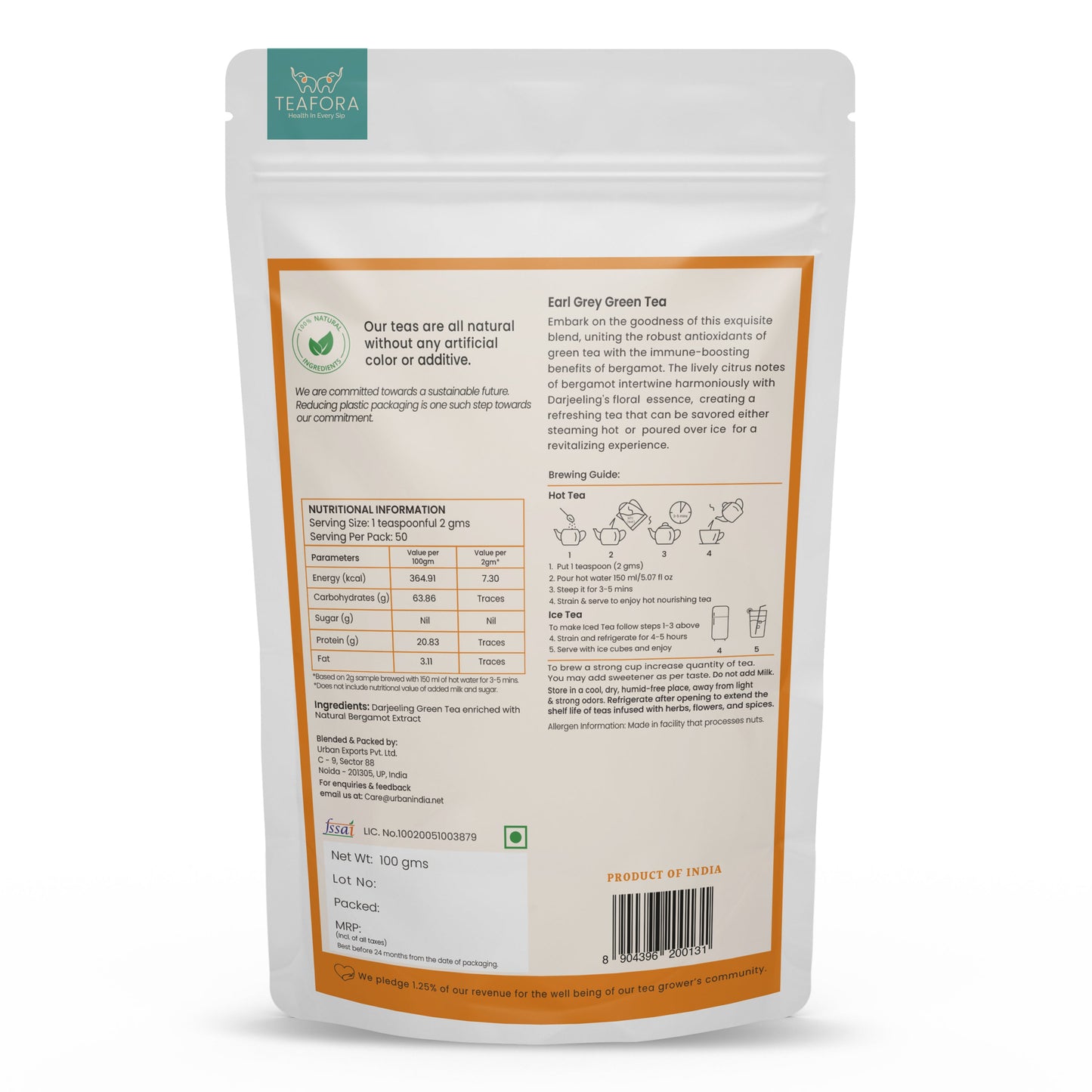 TEAFORA Earl Grey Green Tea | Darjeeling Loose Leaf Tea Enriched with Natural Bergamot Extract | 100% NATURAL | 50 Cups Hot or Iced Tea