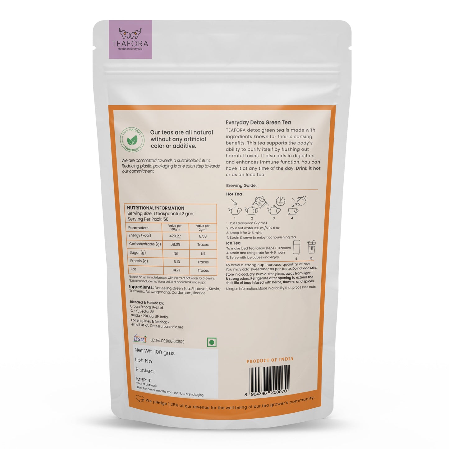 TEAFORA Everyday Detox Green Tea | Darjeeling Loose Leaf | 100% Natural Turmeric, Ashwagandha, Cardamom, Shatavari, Stevia | 50 Cups Hot Tea or Iced Tea
