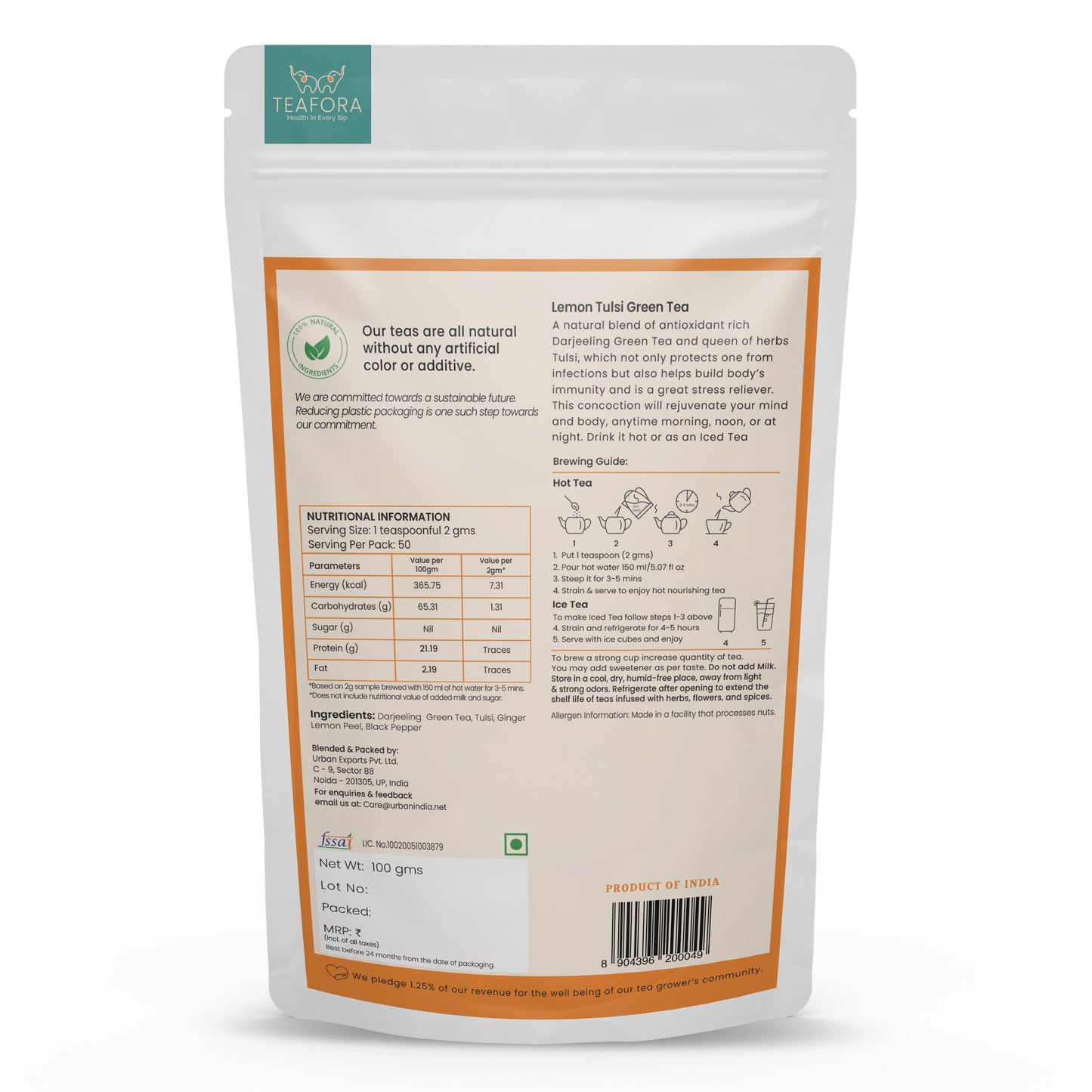 TEAFORA Lemon Tulsi Green Tea | Darjeeling Loose Leaf | Stress Relief Tea | Immune Support Tea | 100% Natural Ingredients | Brew 50 Cups Hot or Iced Tea