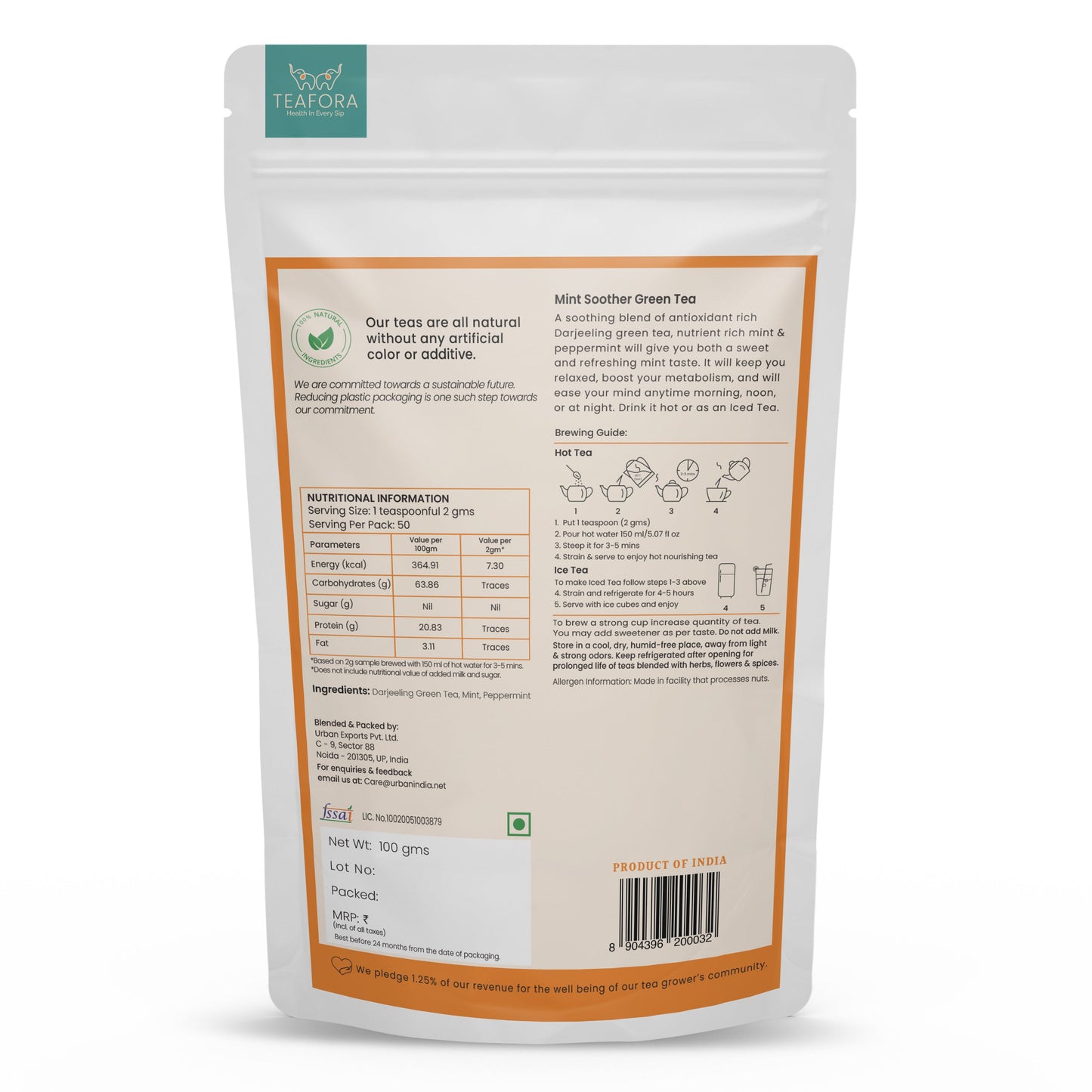 TEAFORA Mint Soother Green Tea | Darjeeling Loose Leaves | Blended with Fresh Mint & Peppermint Leaves | Refreshing & Calming Tea | 50 Cups Hot or Iced Tea