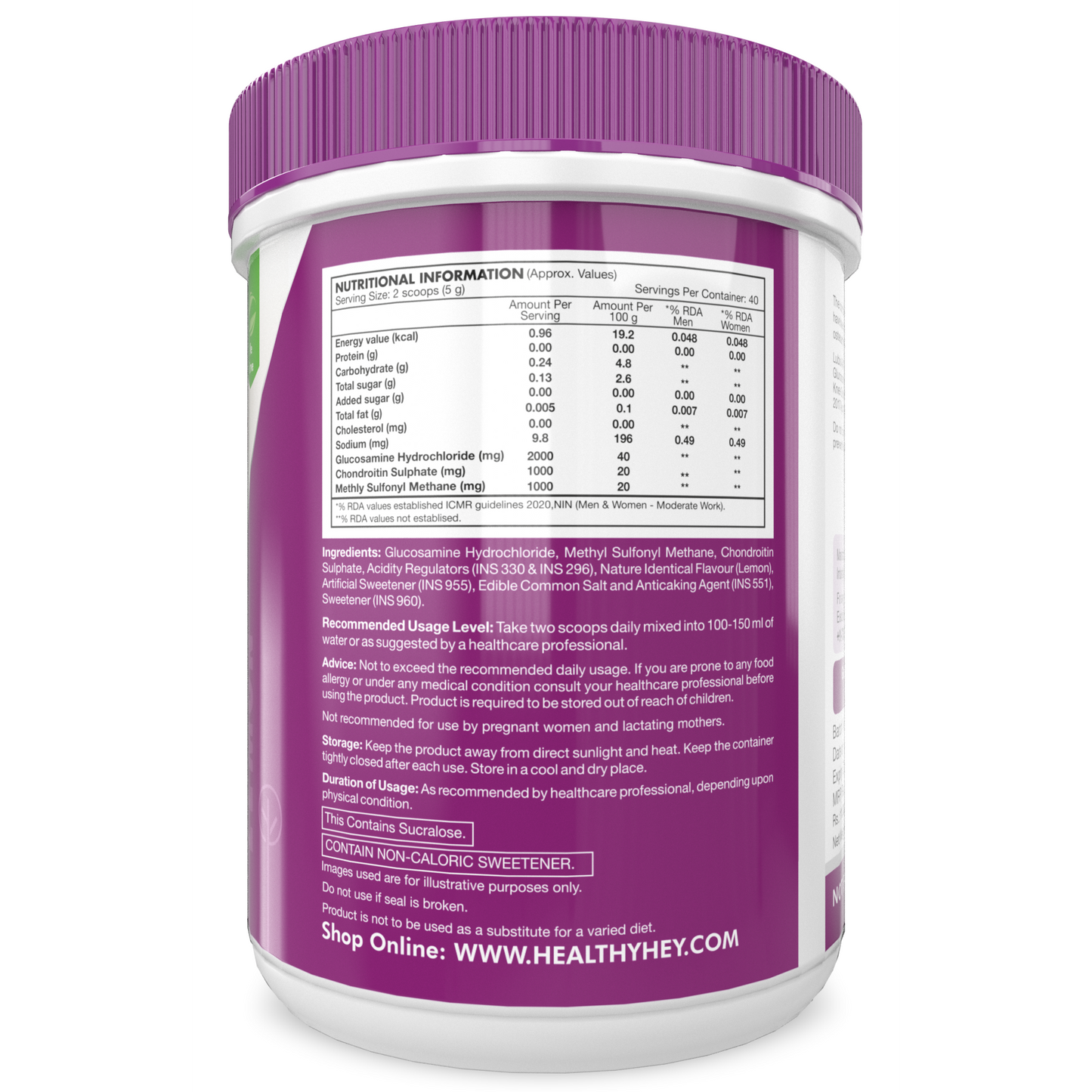 HealthyHey Glucosamine Chondroitin & MSM Powder Lemon Flavour - 200 gms