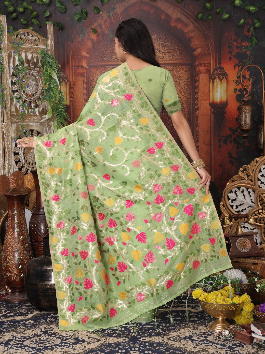 Anaita Green Linen Printed Saree With Blouse