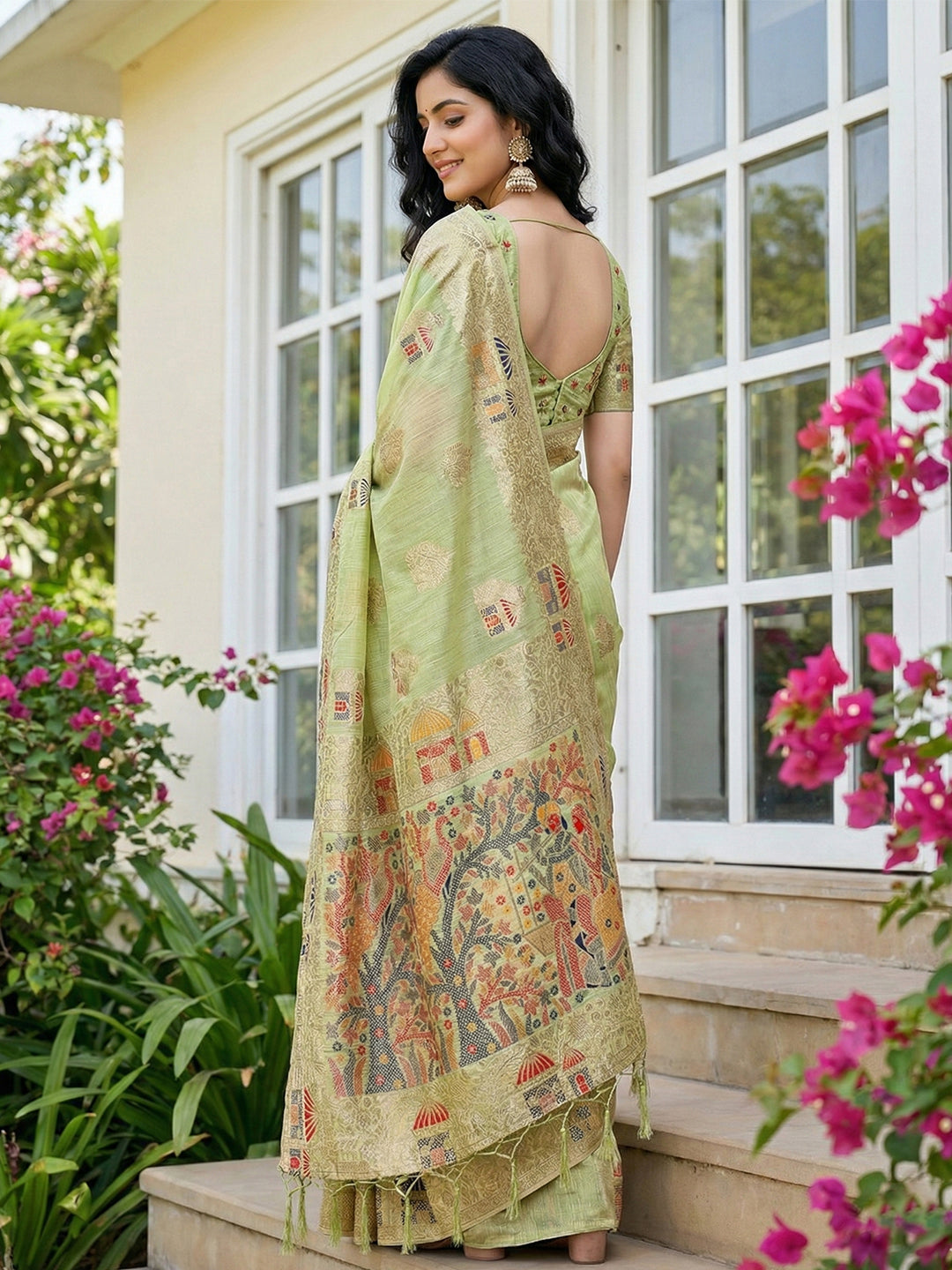 Anaita Green Linen Woven Work Saree With Blouse
