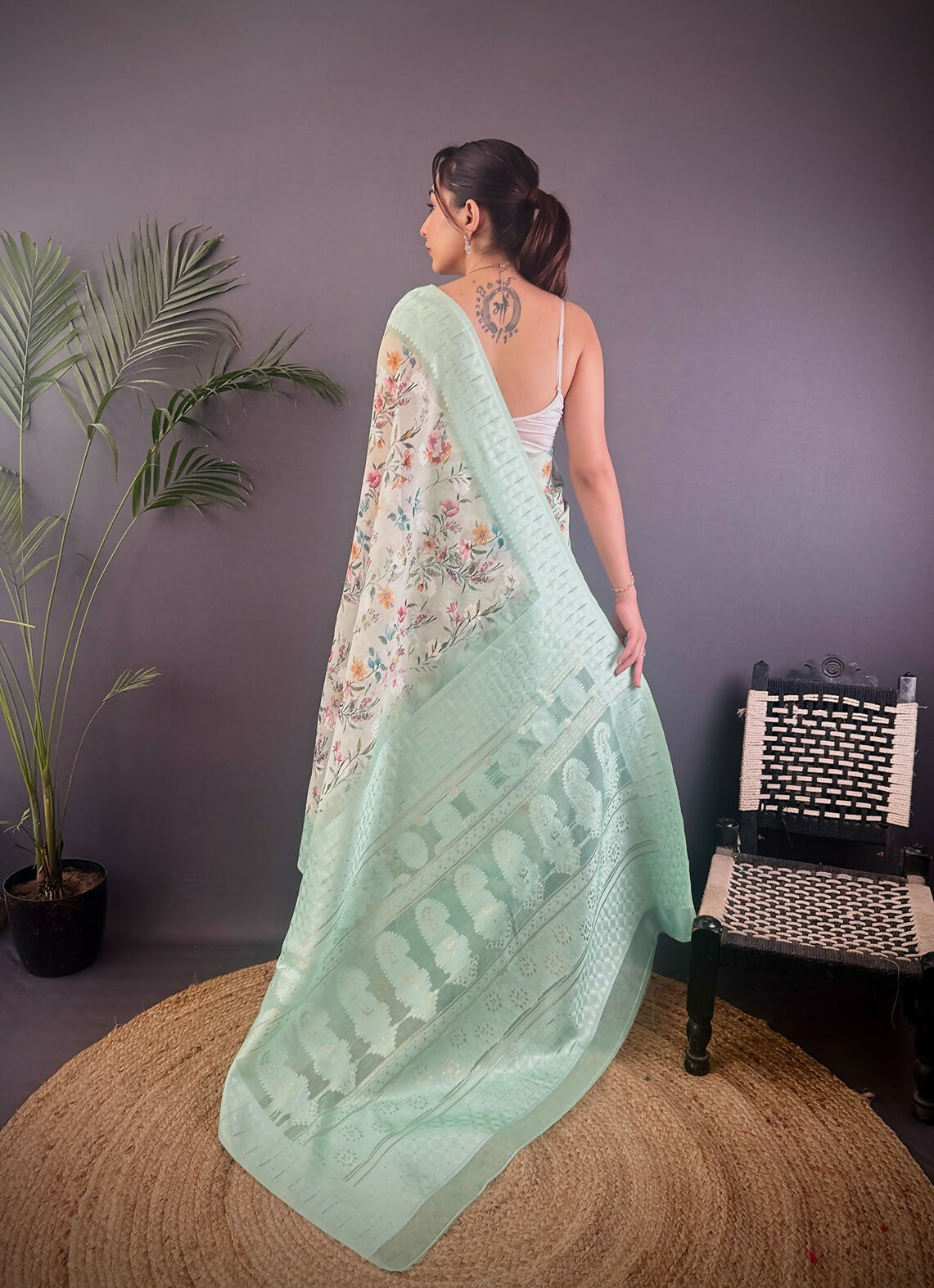 Joban Fashion Cyan Blue Floral Motifs Banarasi Silk Sarees