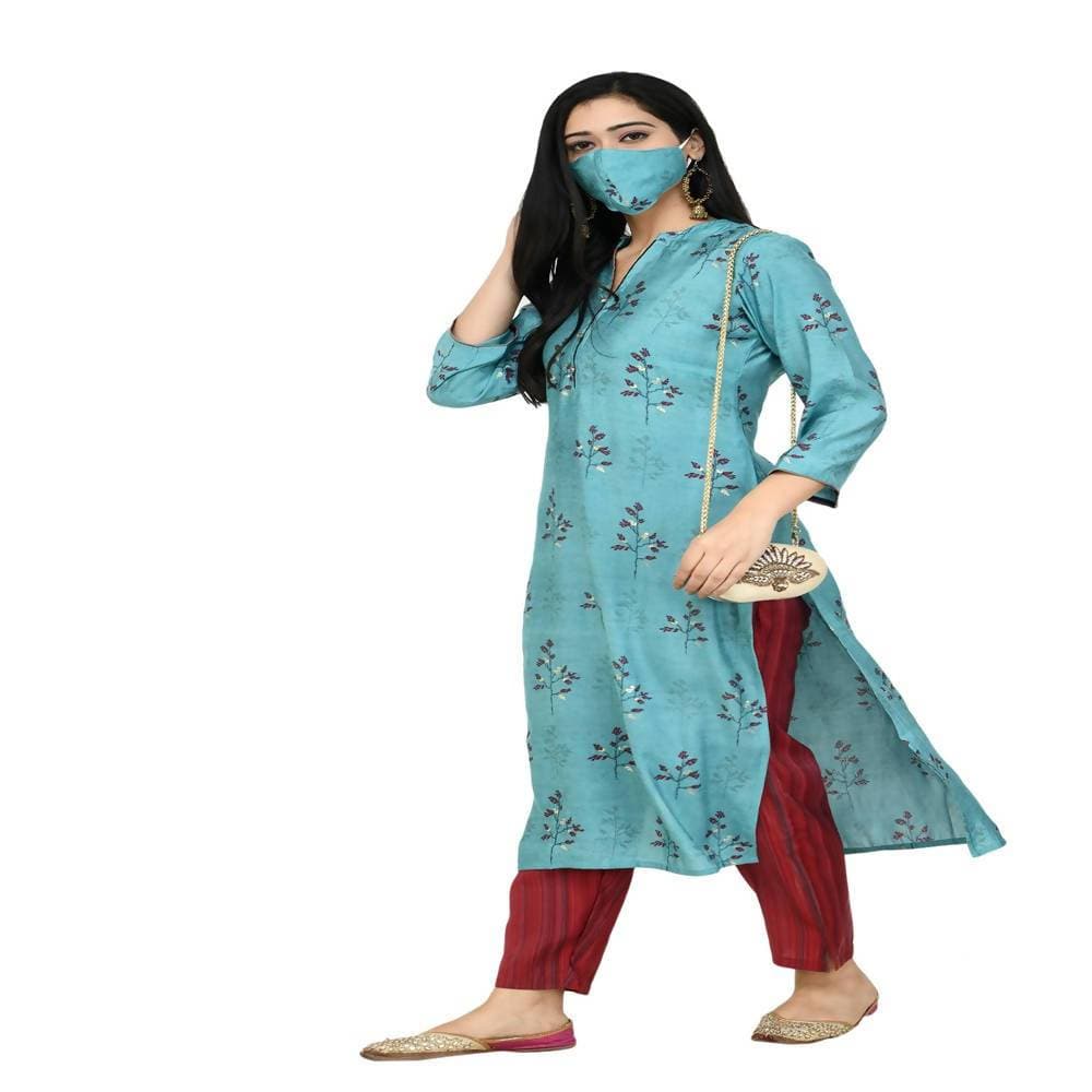 Lagi Women's Turquoise Blue Printed Straight Kurta & Pant (MC41A)