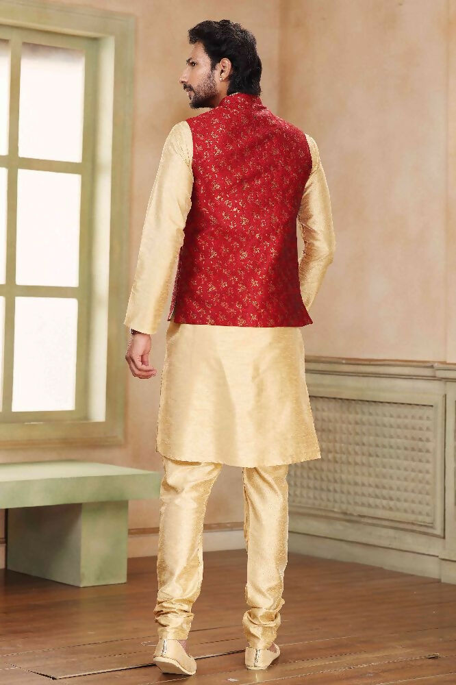 Raivat Ethnic Jacquard Banarasi Silk Woven Work 3 Pics Jacket Set In Maroon Colour