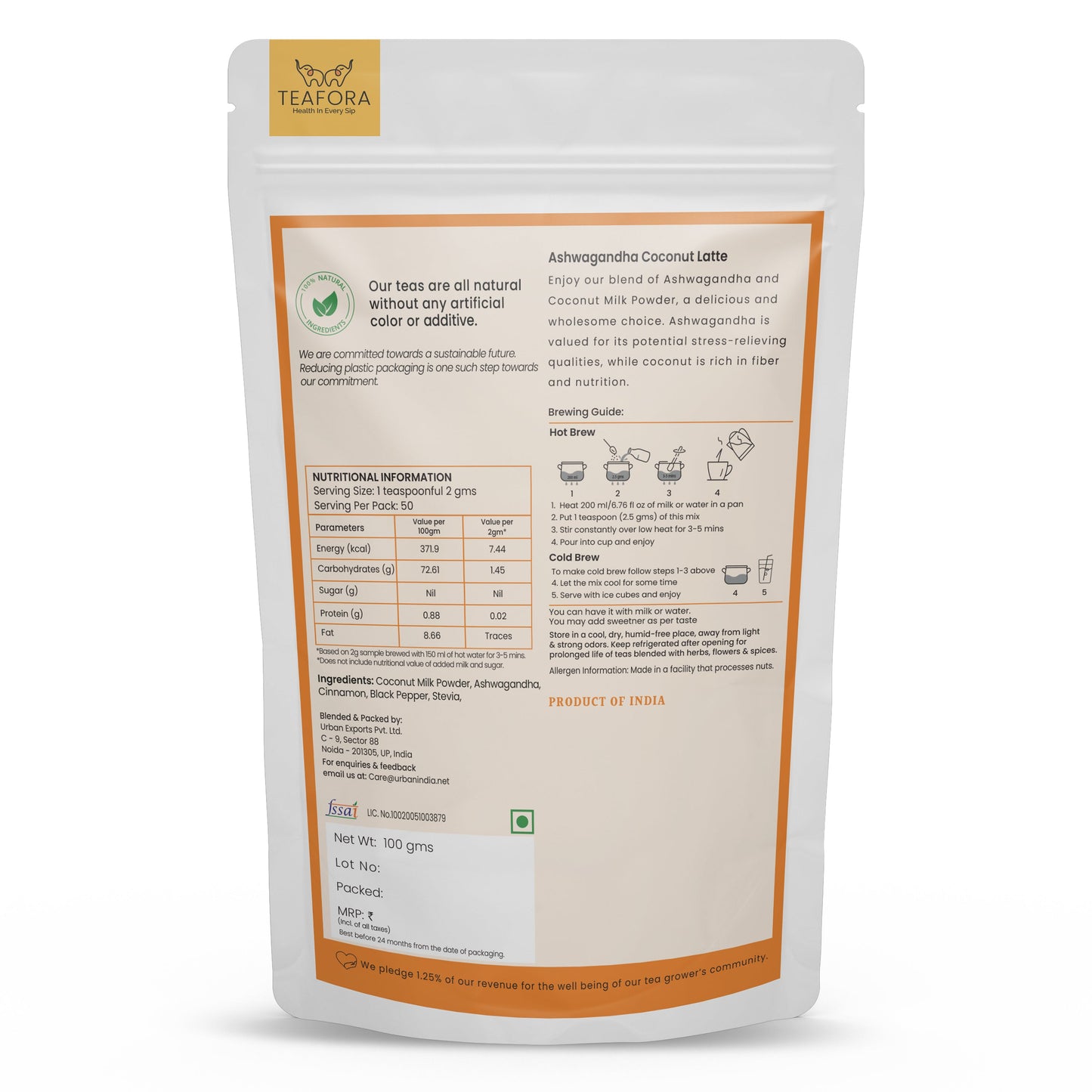 TEAFORA Ashwagandha Coconut Latte | CAFFEINE-FREE Herbal Tea | Indian Superfoods Ashwagandha & Coconut | Relieves Stress and Supports Immunity | 100% NATURAL