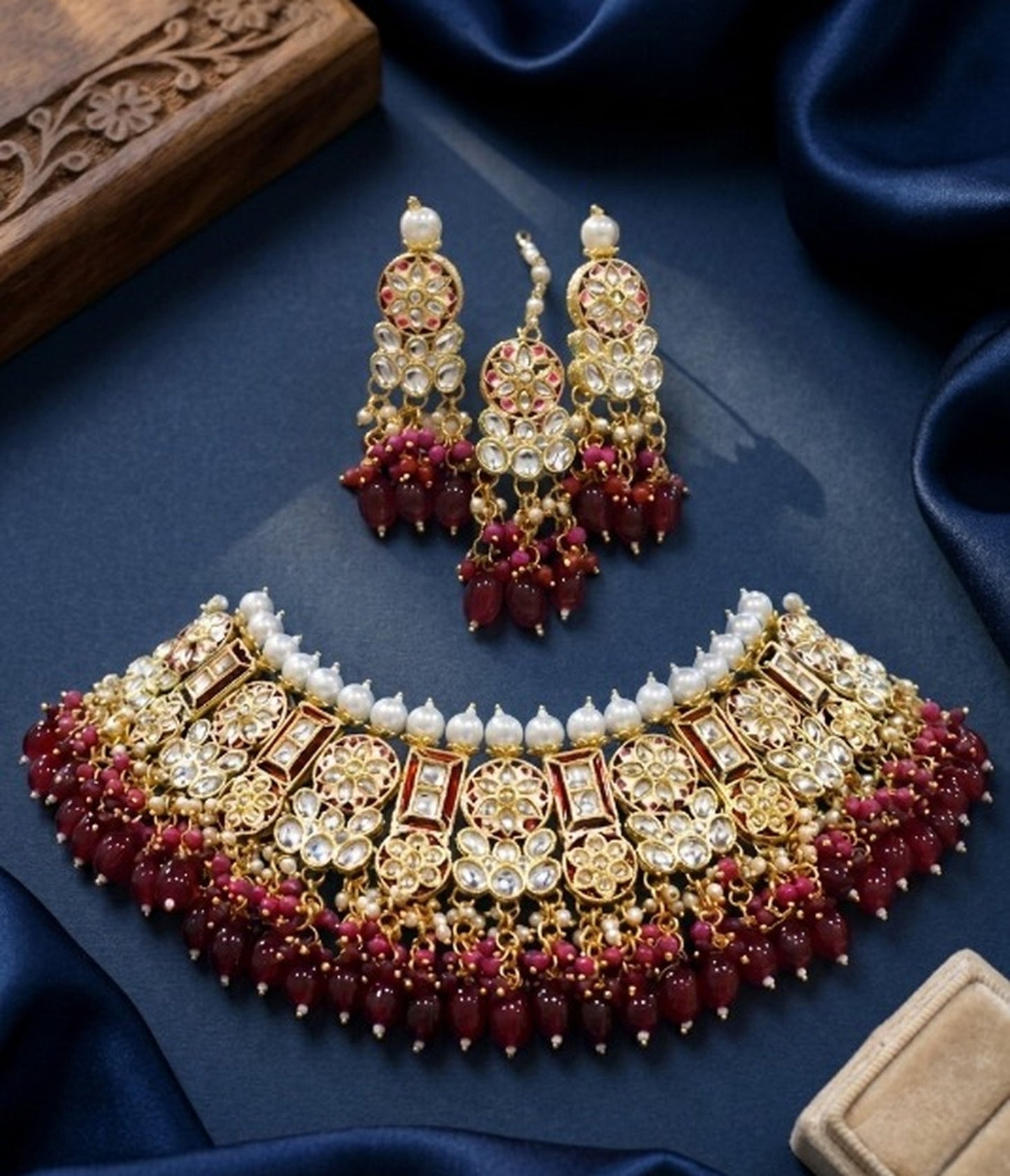 Jewel City Maroon Kundan Choker Set With Earrings & Maang Tikka|Bridal Jewelry