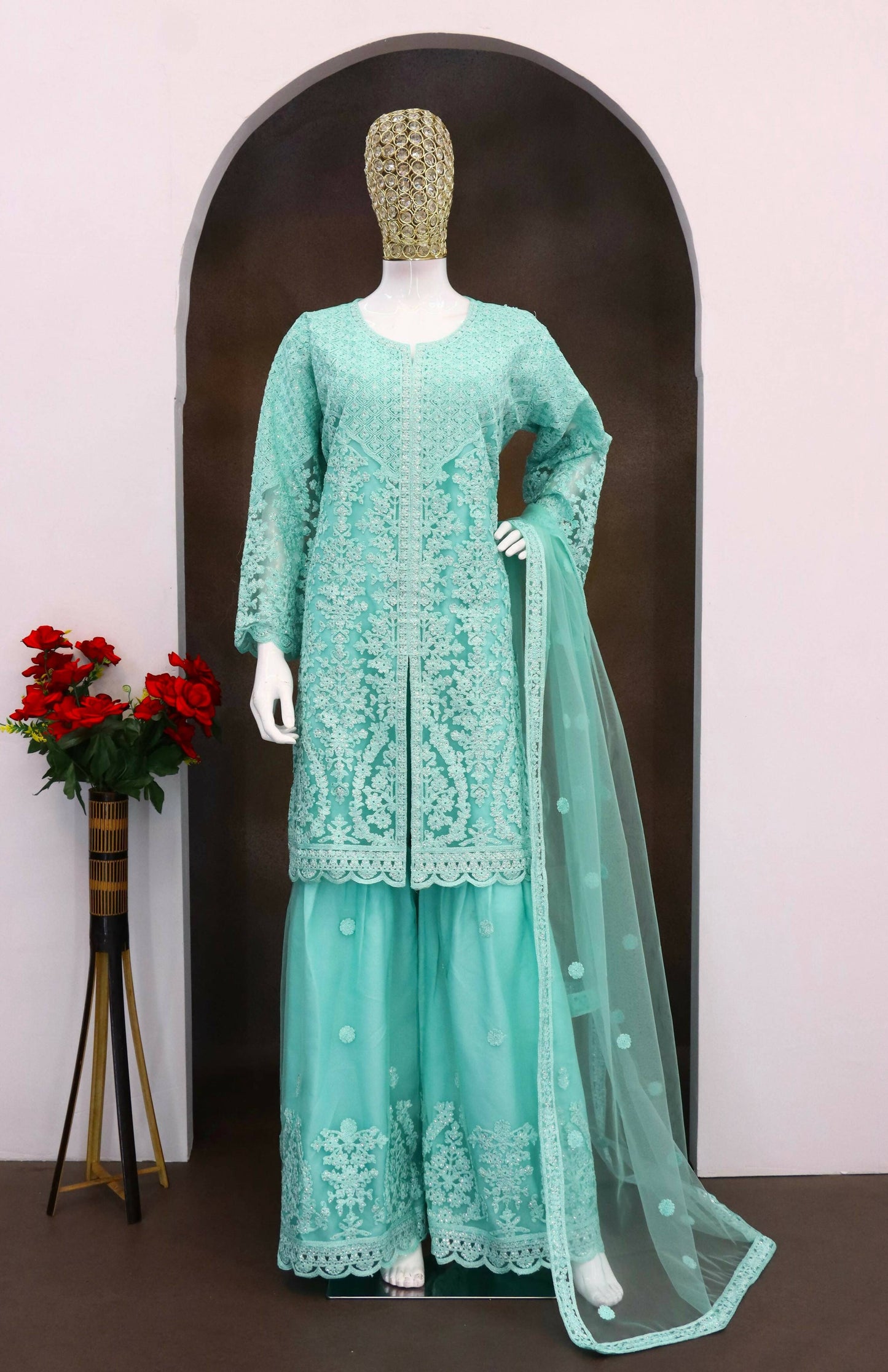 Anaita Sky Blue Heavy Net Readymade Suit with Embroidery & Sequence Work