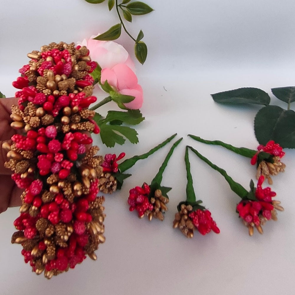 Red & Gold Bridal Hair Gajra with Brooches
