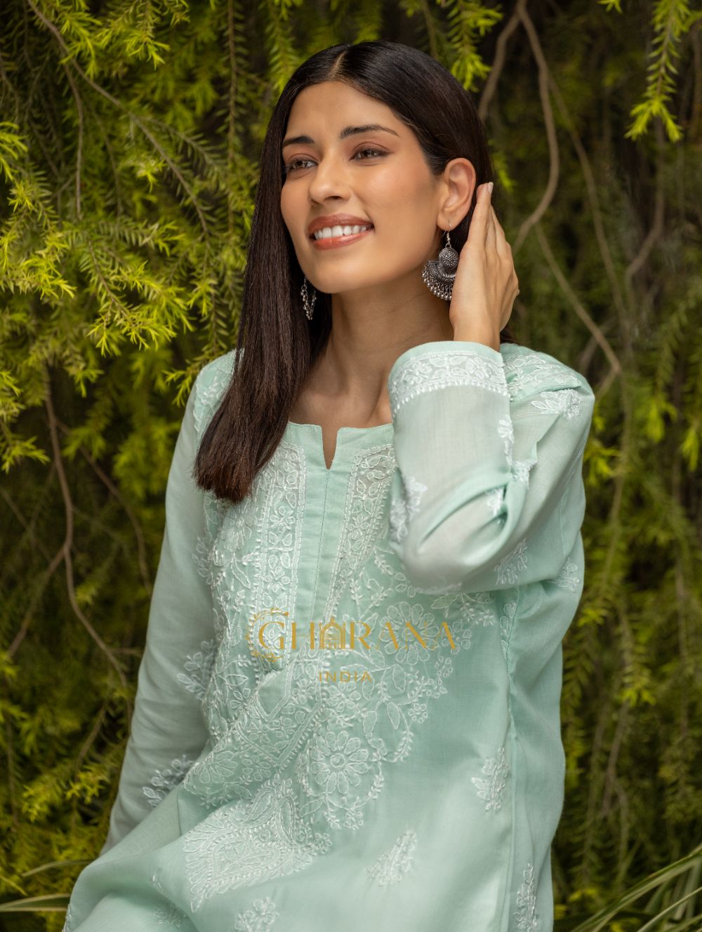 Gharana India Sahiba Chikankari Pastel Green Cotton Kurta With Bakhiya Work