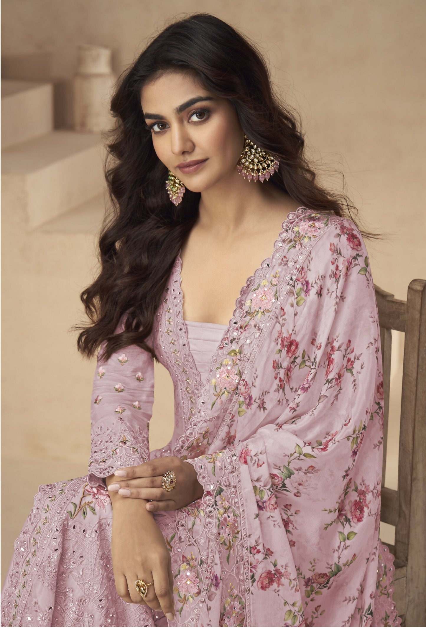 Anaita Rani-Pink Chinon Readymade Suit with Embroidery Sequence Work