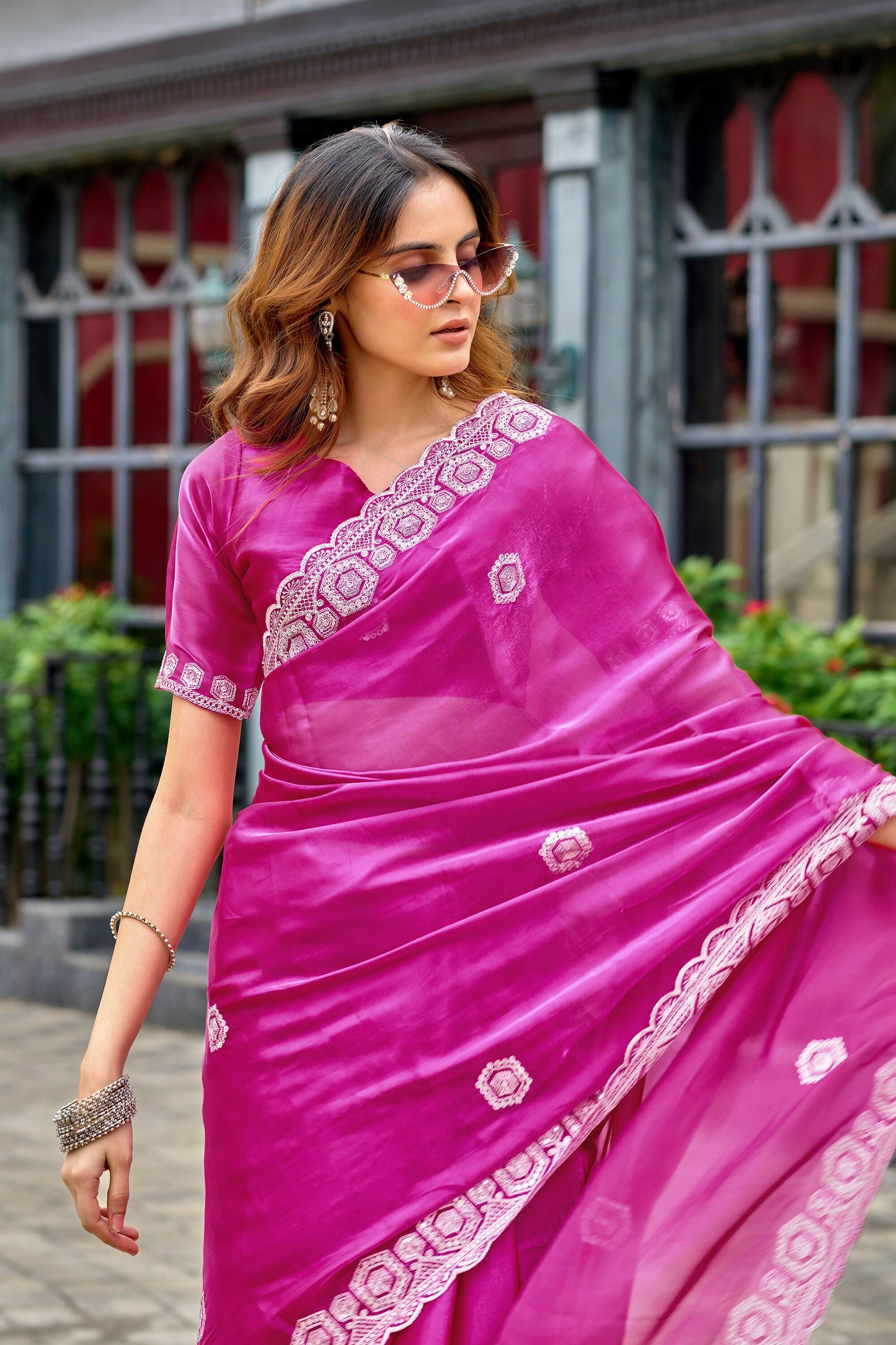 Vastranavya Pink Embroidery Work Shimmer Chiffon Saree with Unstitched Blouse