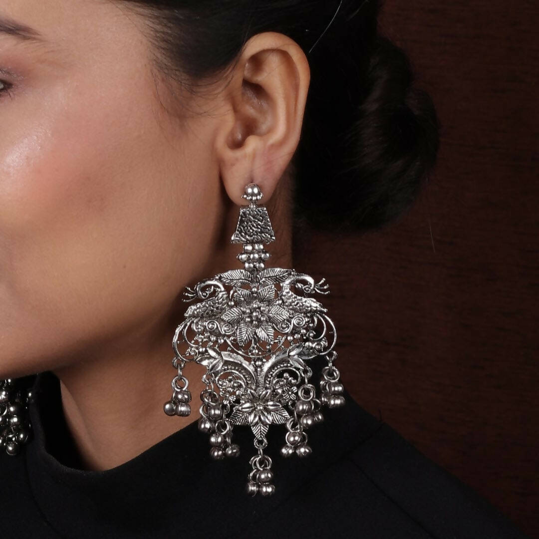 Mominos Fashion Joharkamal Silver-Plated Peacock Design Drop Earrings For Women