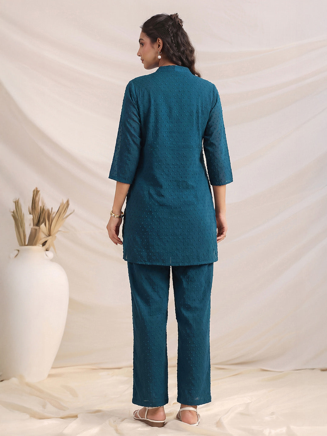 Janasya Teal Straight Dobby Chiffon Pant Co-ord Sets