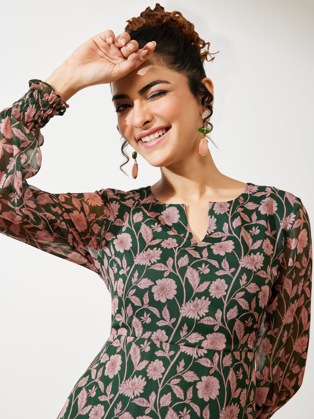 Janasya Green A-Line Chiffon Dress
