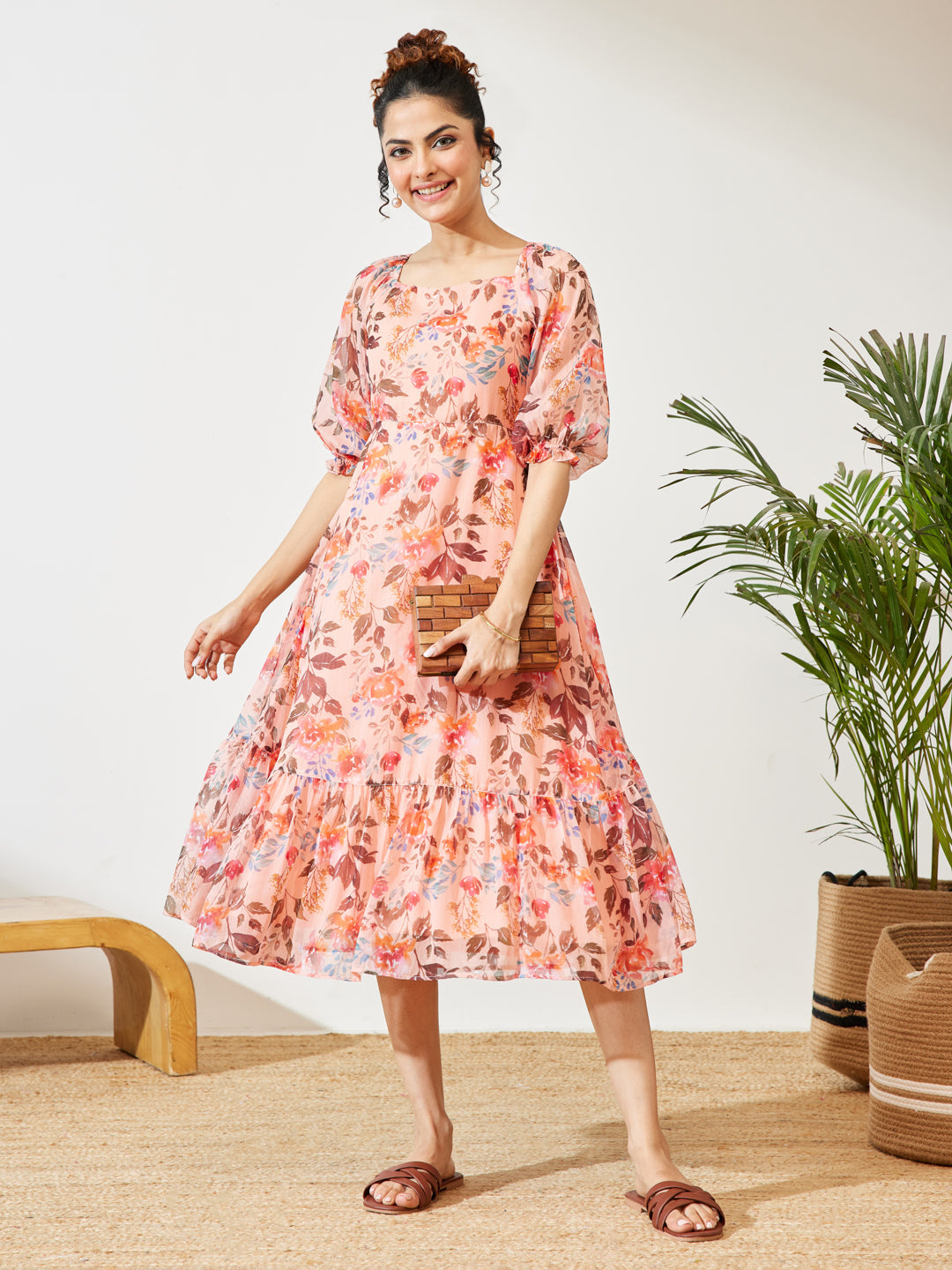 Janasya Peach A-Line Chiffon Dress