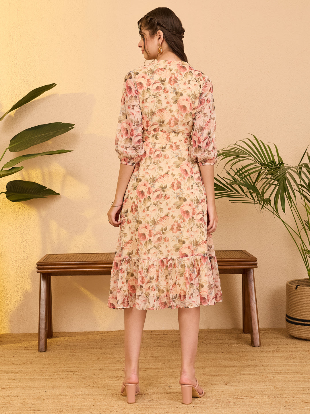 Janasya Beige Fit & Flare Chiffon Dress