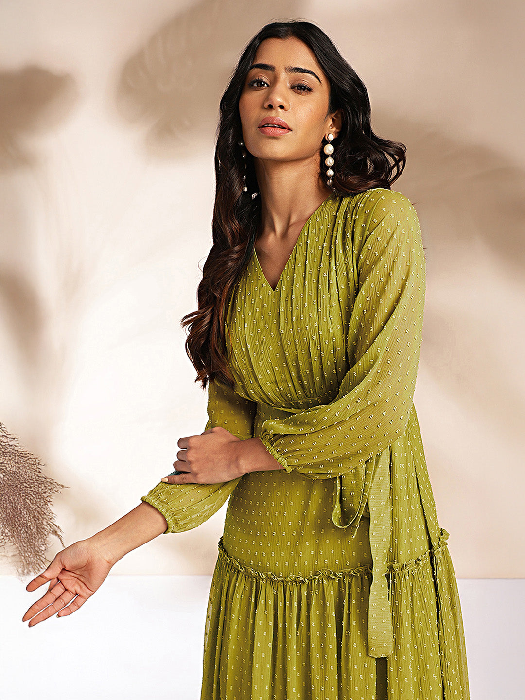 Janasya Lime Tiered Dobby Chiffon Dress