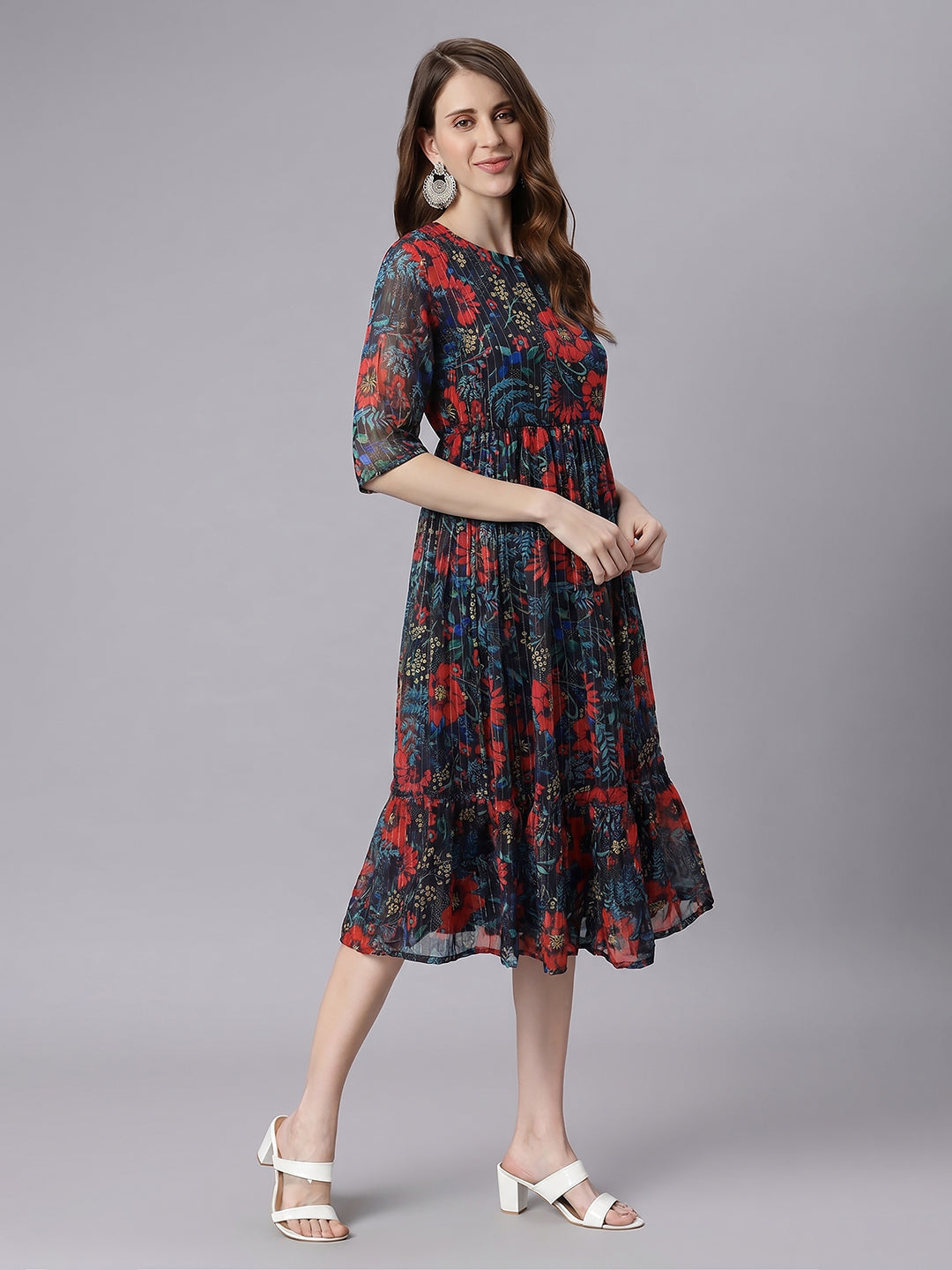 Janasya Black Fit & Flare Chiffon Dress