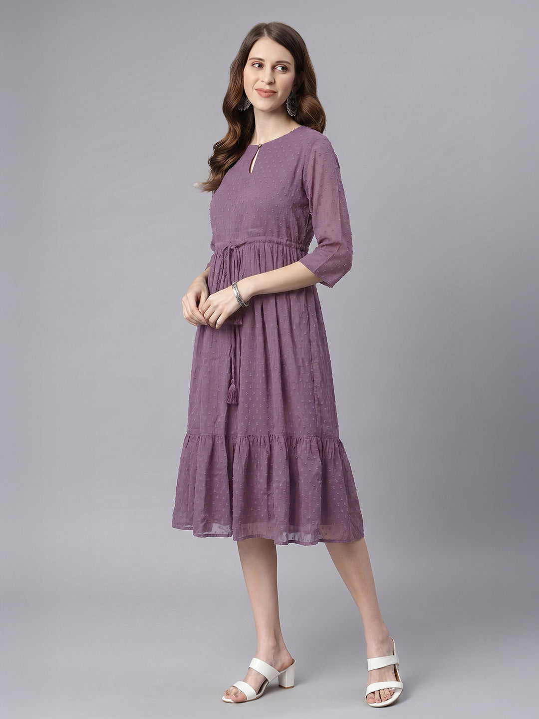 Janasya Lavender Fit & Flare Dobby Chiffon Dress
