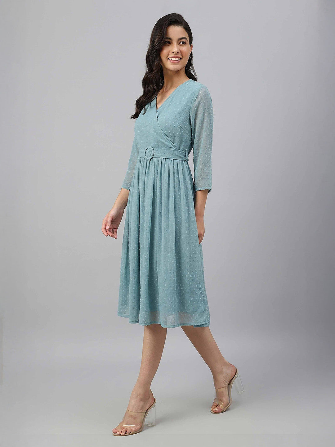 Janasya Aqua Fit & Flare Dobby Chiffon Dress