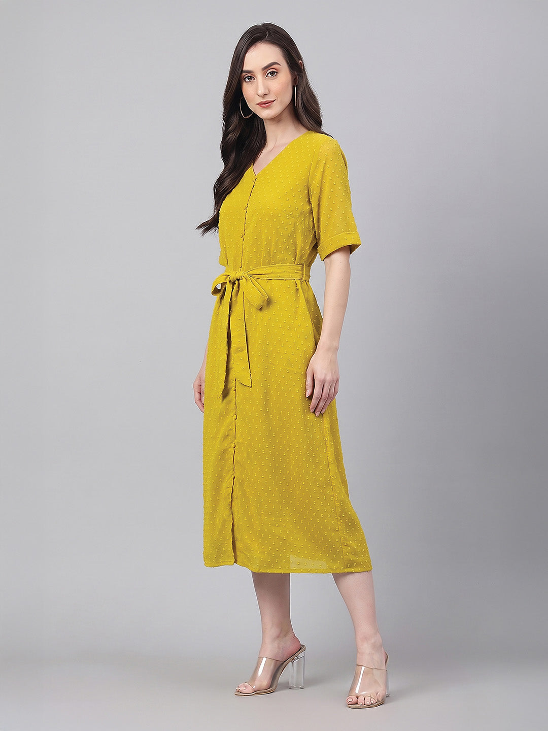 Janasya Lime A-Line Dobby Chiffon Dress